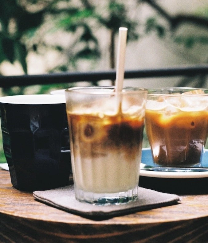 Tray with three iced coffee drinks