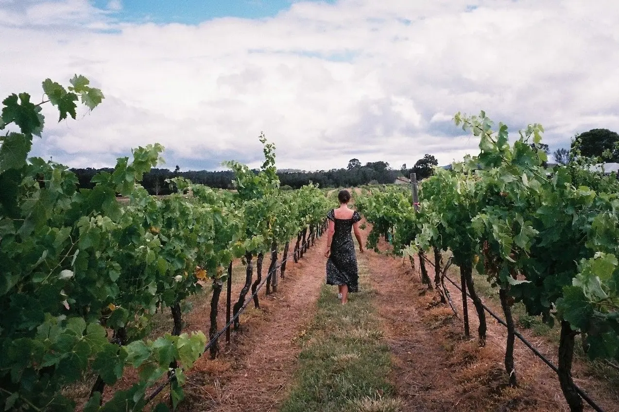 woman walking through vines